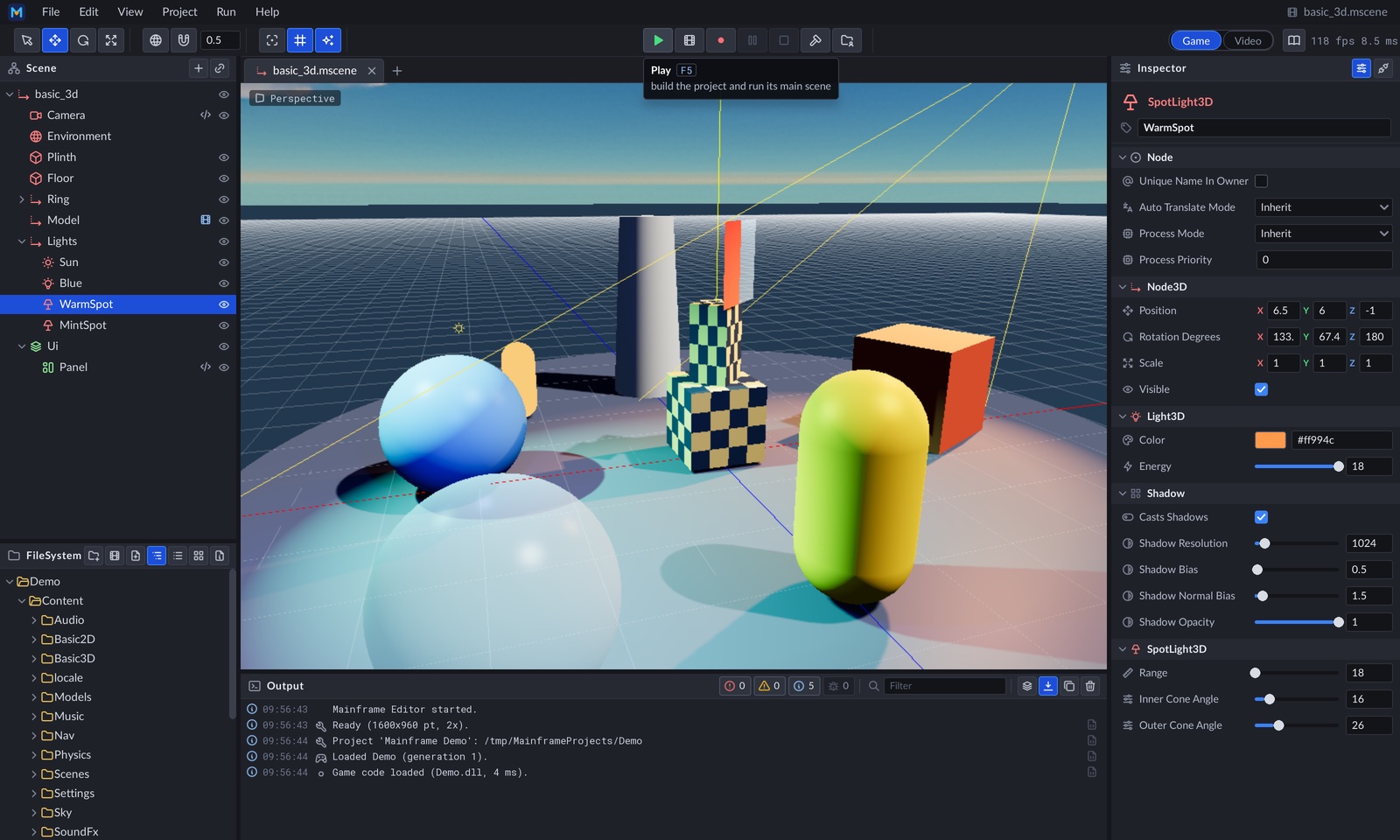 Mainframe Engine editor showing a 3D scene